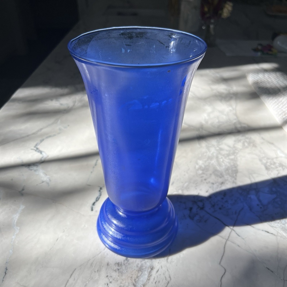 Handblown Cobalt Blue Vase 3 Ring Spool Stem Base 10" Tall